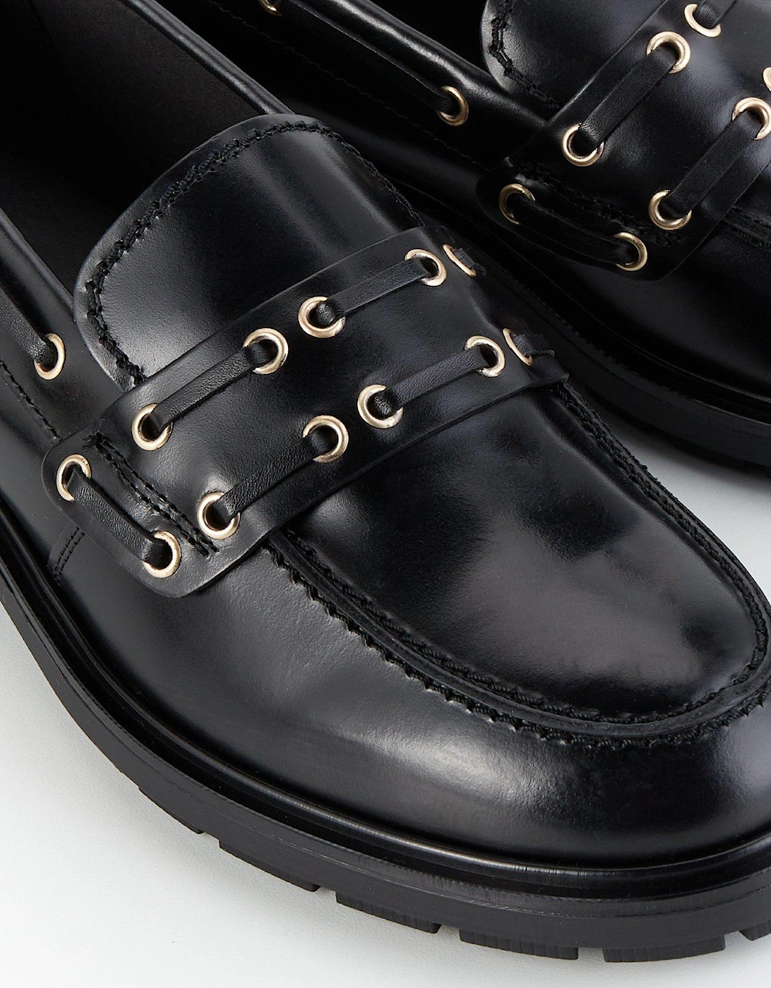 Eyelet Detail Leather Loafers - Black