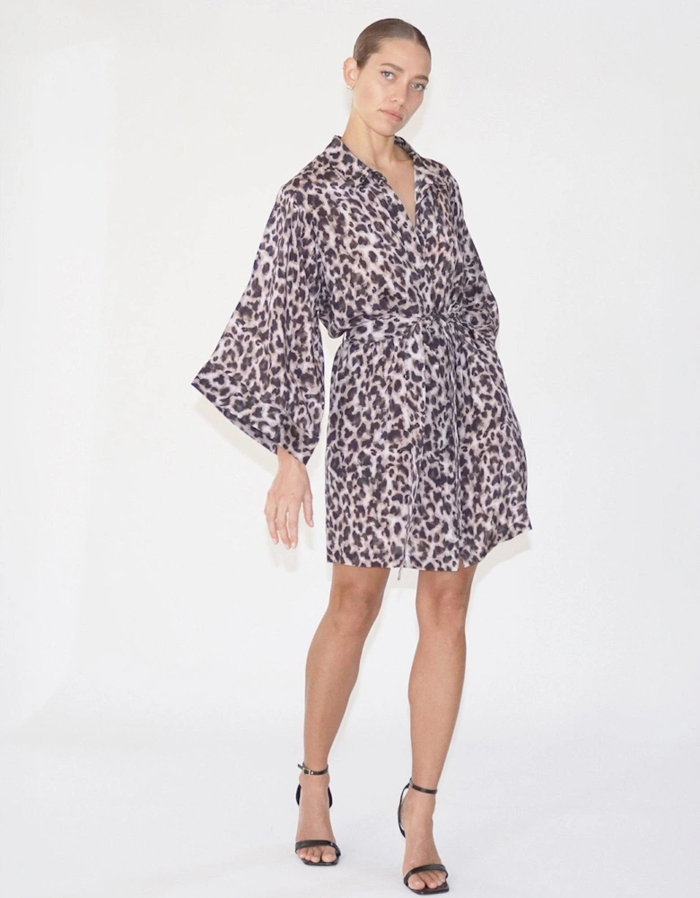 Tunic Leopard Print Kimono Sleeve Shirt Dress - Brown