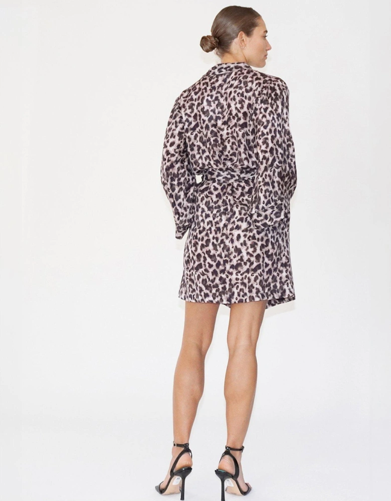 Tunic Leopard Print Kimono Sleeve Shirt Dress - Brown