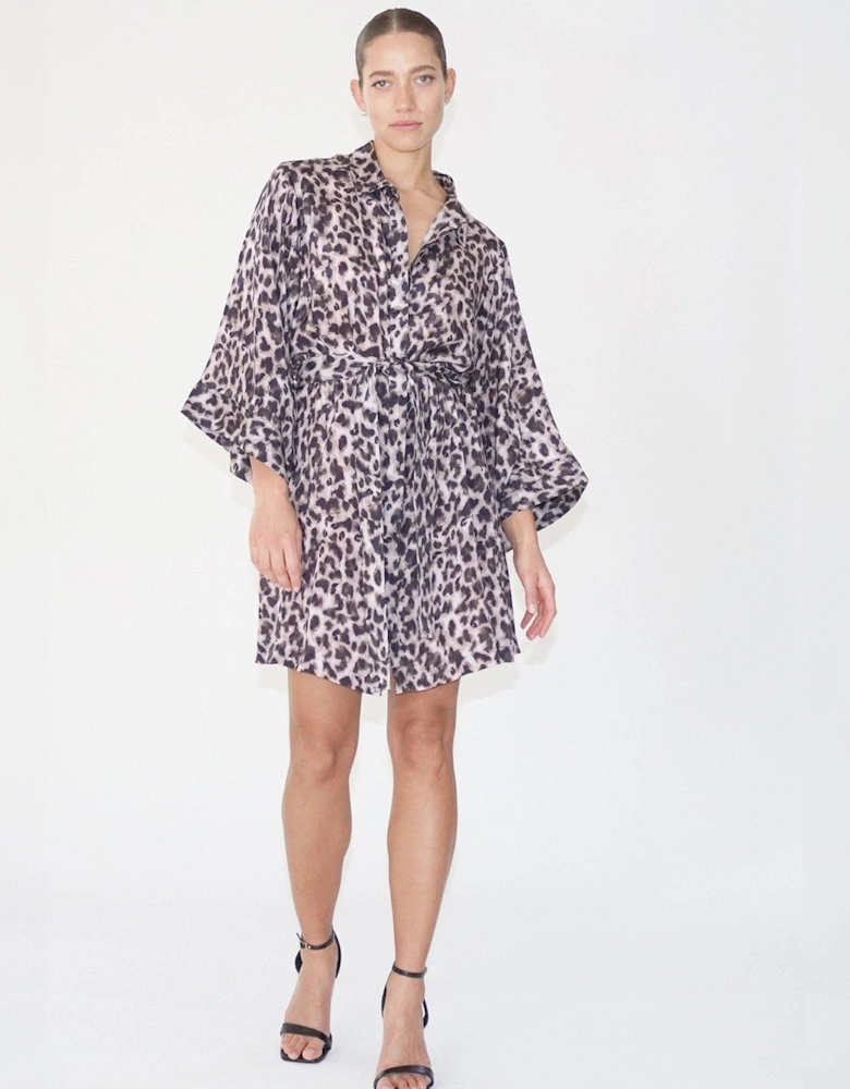 Tunic Leopard Print Kimono Sleeve Shirt Dress - Brown