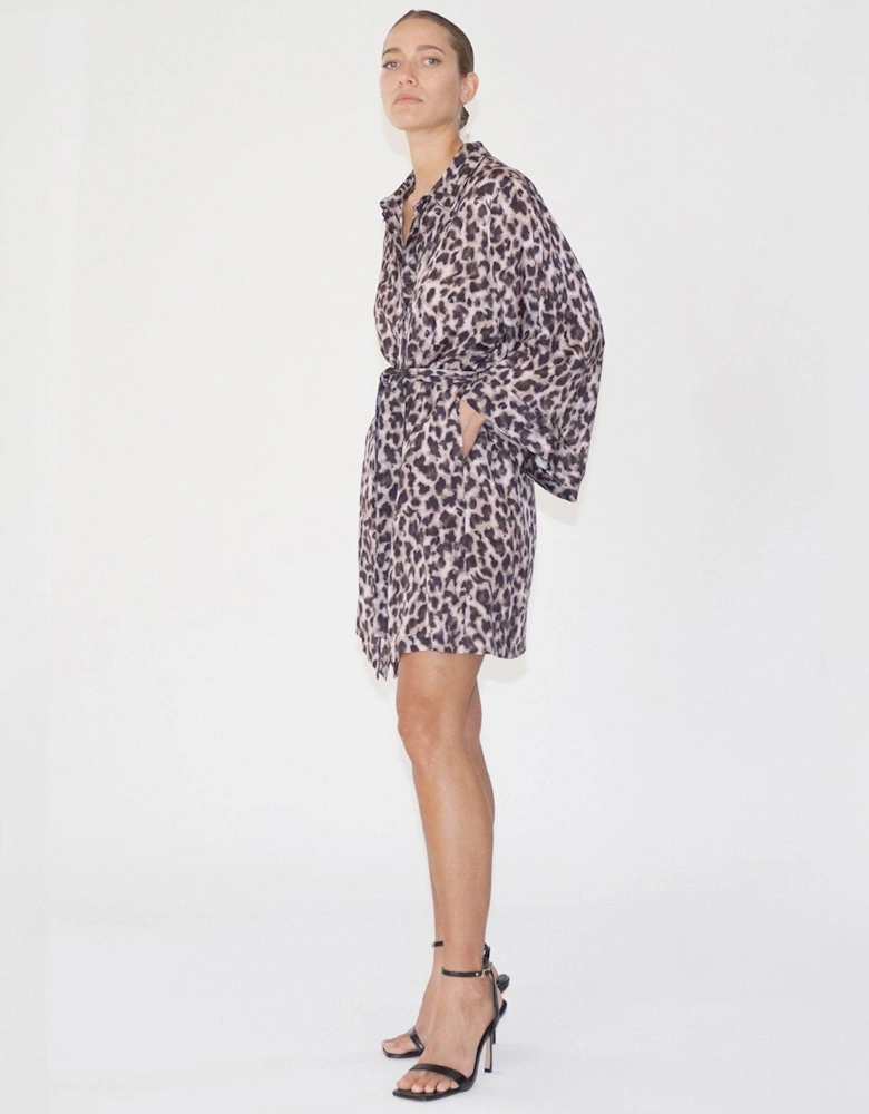 Tunic Leopard Print Kimono Sleeve Shirt Dress - Brown