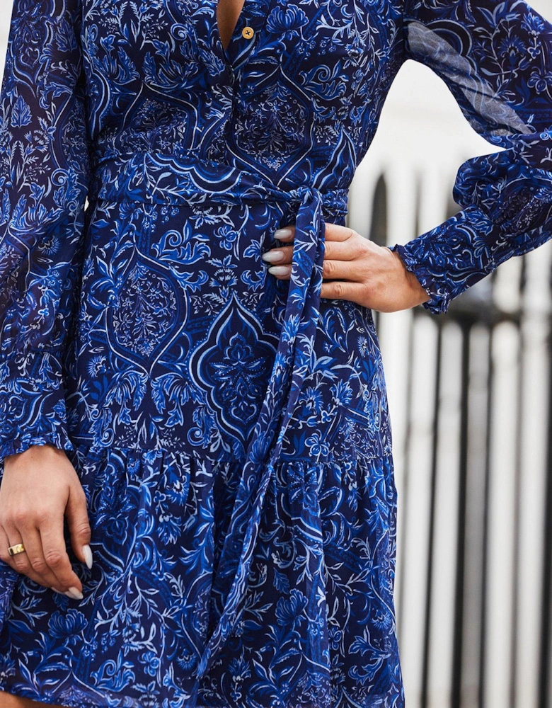 Tiered Hem Mini Shirt Dress - Blue