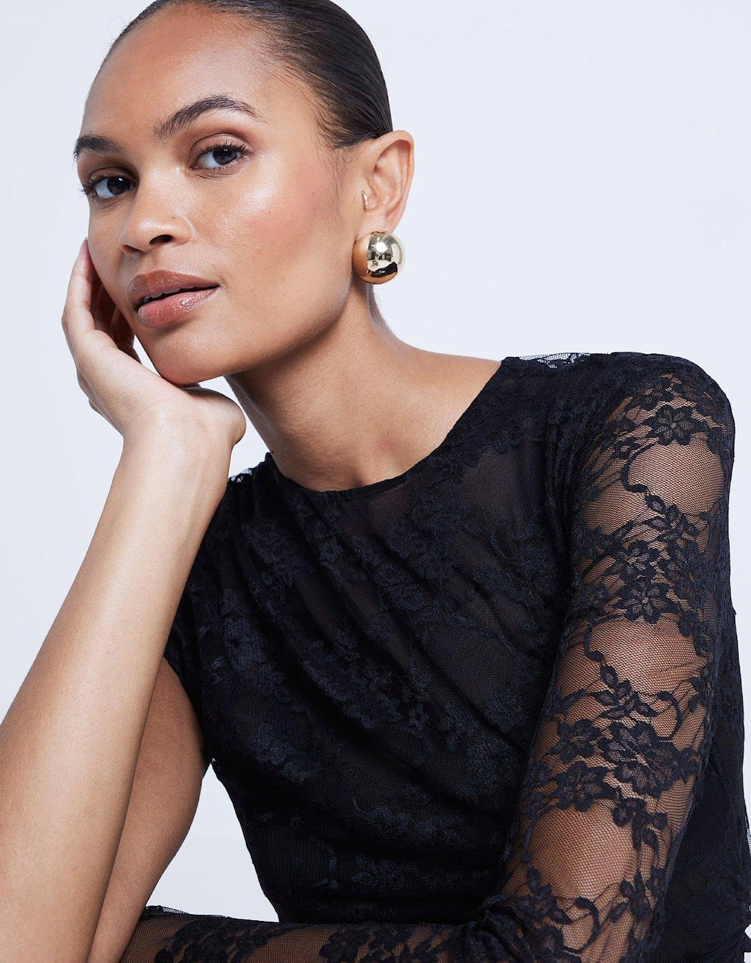 Lace Draped Asymmetric Bodysuit - Black