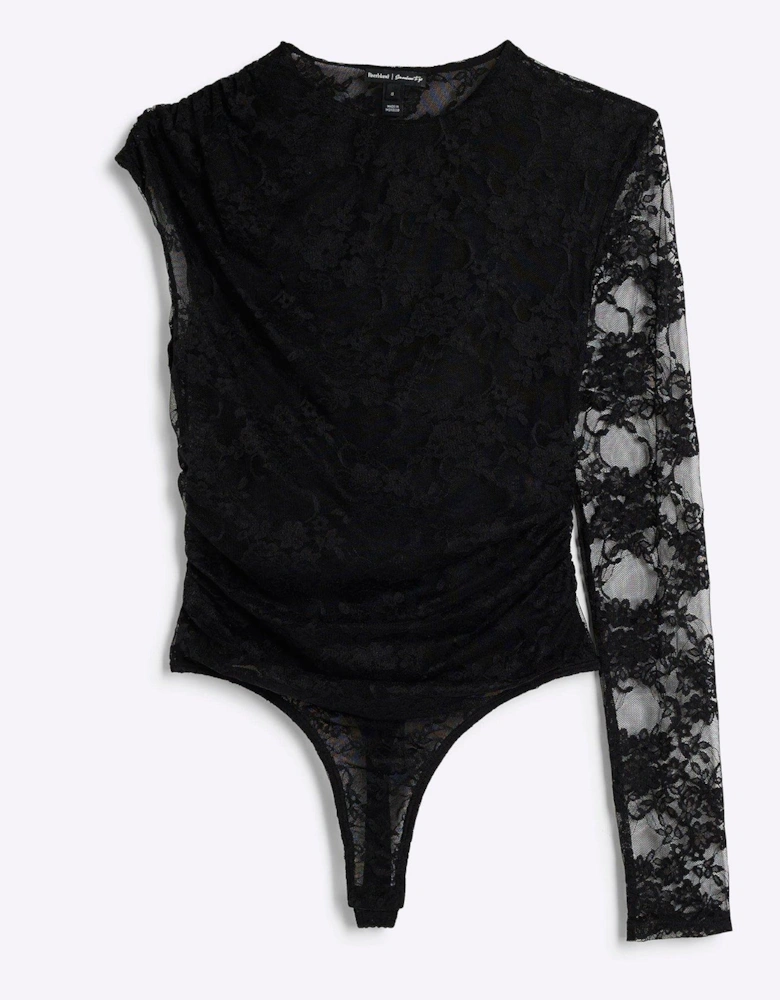 Lace Draped Asymmetric Bodysuit - Black