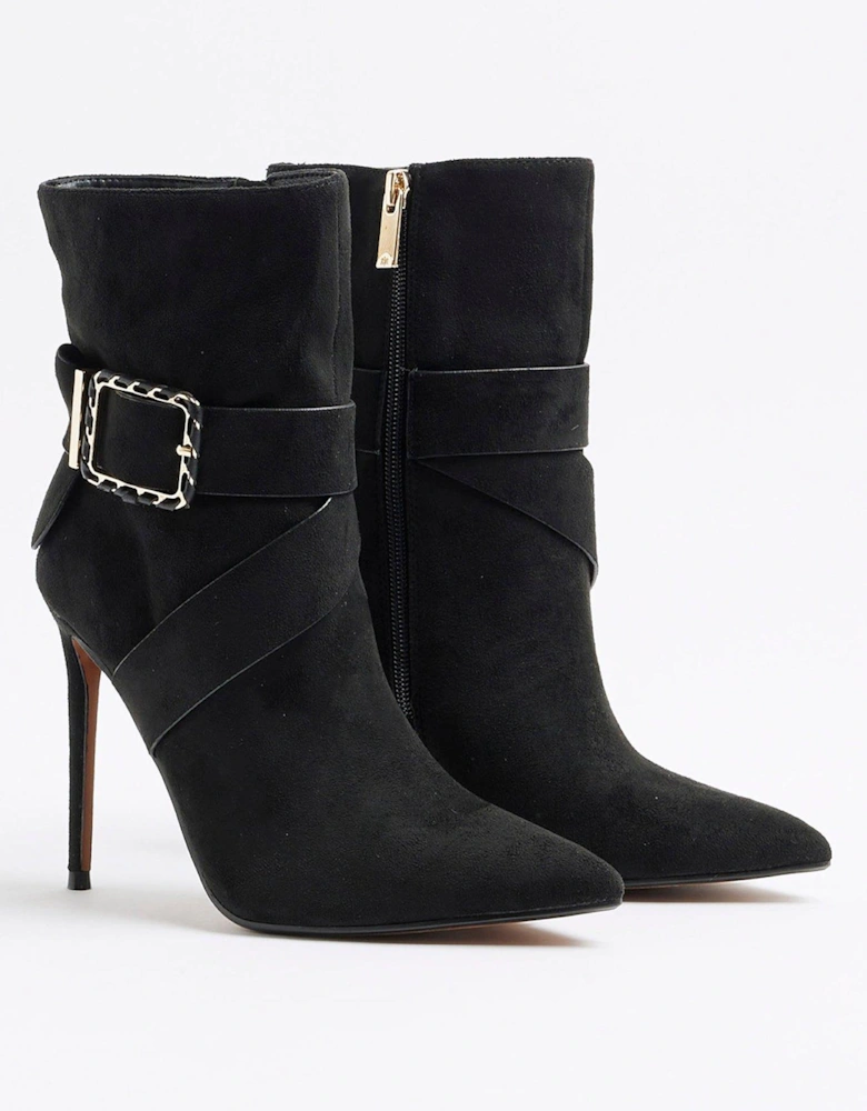 Woven Buckle Heeled Boot - Black