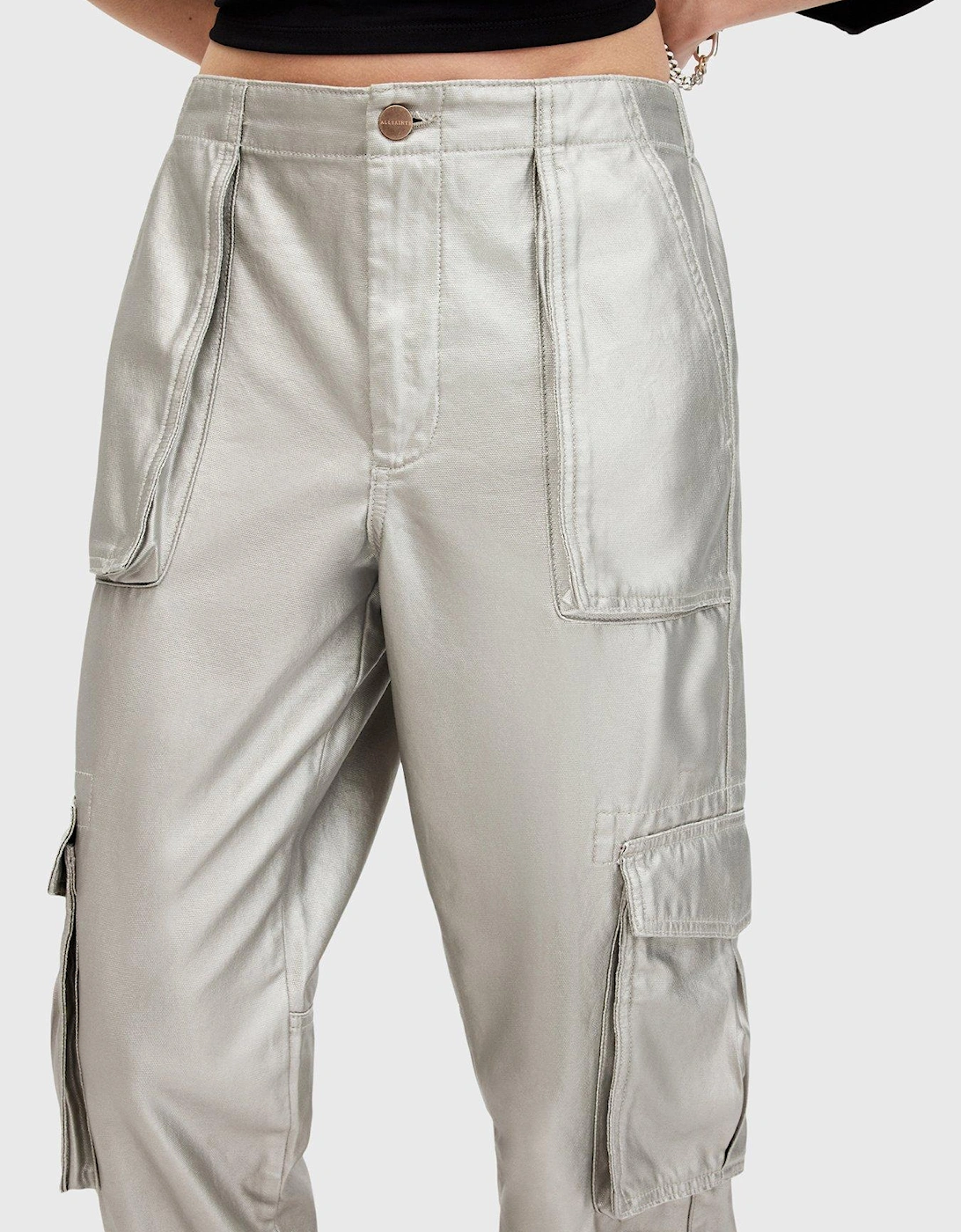 Freda Metallic Coated Cargo Trousers - Silver/Sage Green