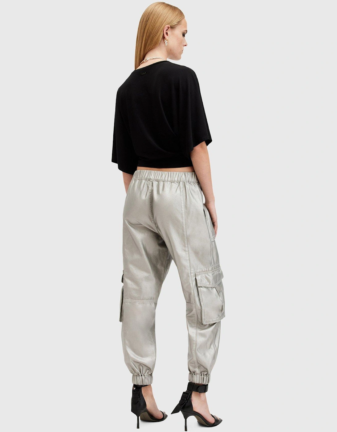 Freda Metallic Coated Cargo Trousers - Silver/Sage Green