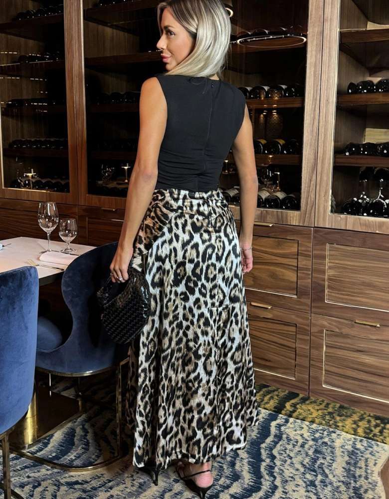 2 in 1 Double Frill Split Midi Dress - Leopard