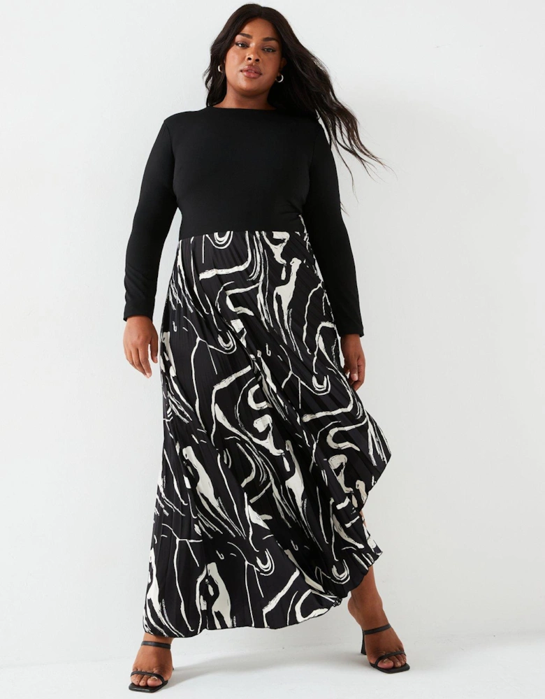 2 In 1 Pleat Skirt Midi Dress - Black