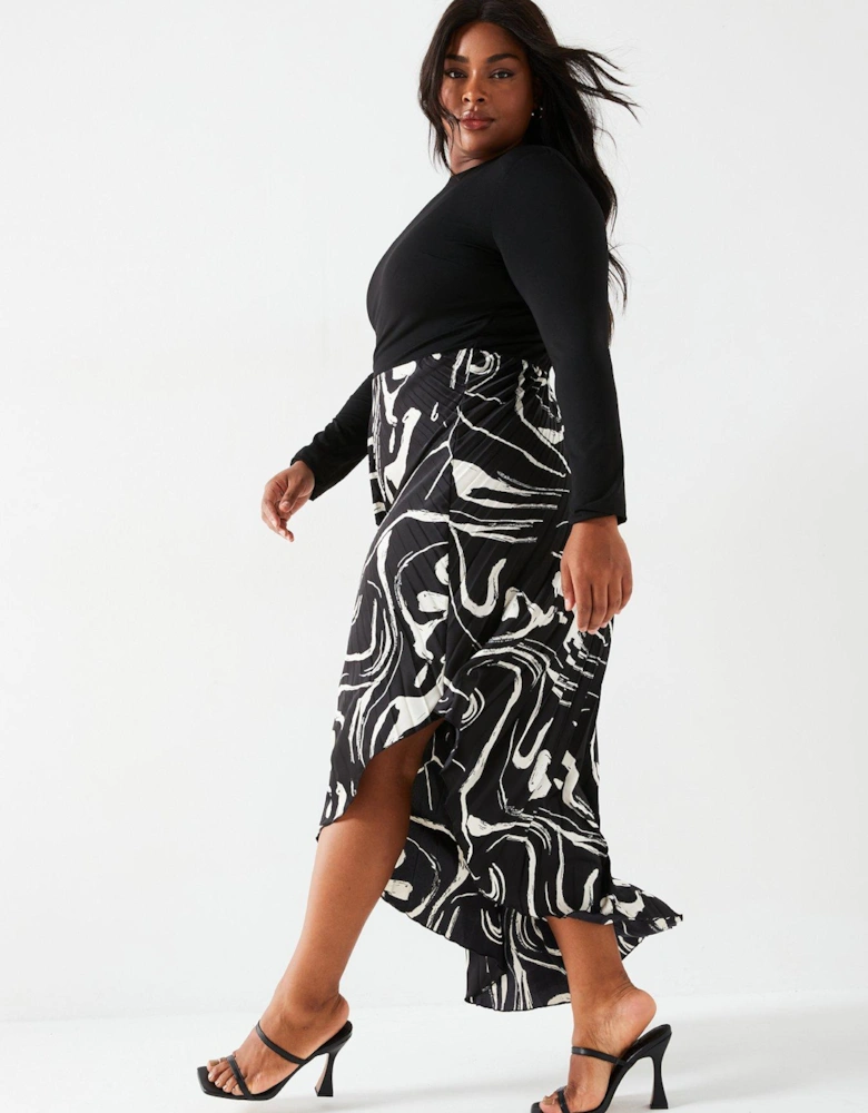 2 In 1 Pleat Skirt Midi Dress - Black