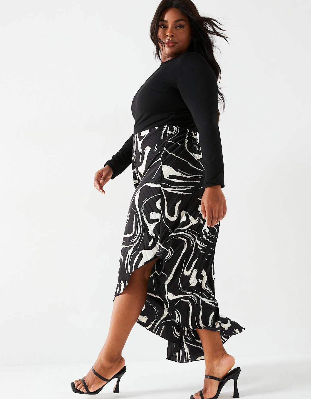 2 In 1 Pleat Skirt Midi Dress - Black