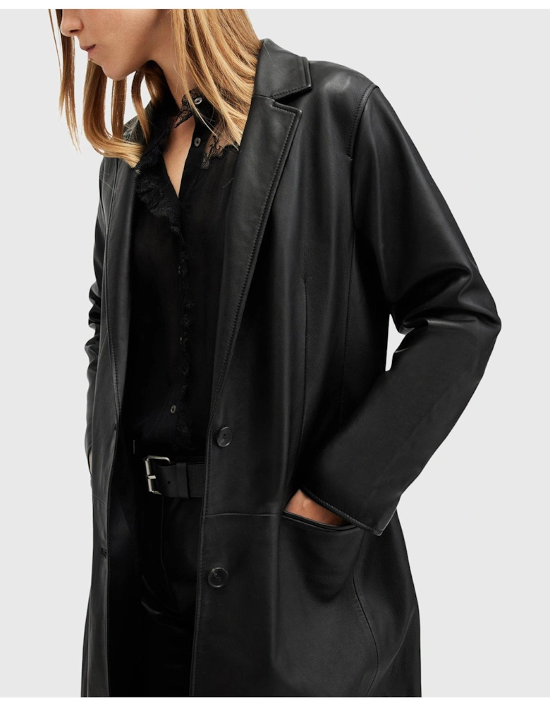 Aire Long Line Leather Coat - Black
