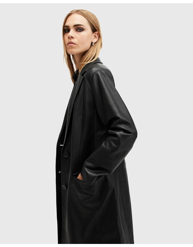 Aire Long Line Leather Coat - Black