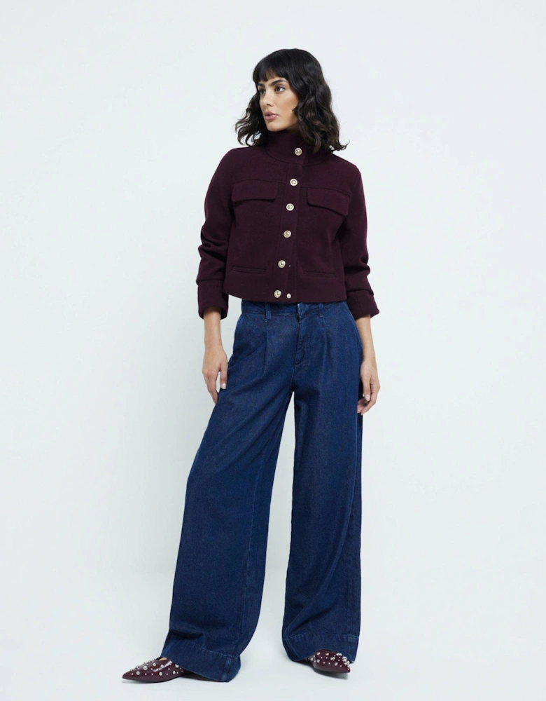Funnel Neck Short Jacket - Dark Red