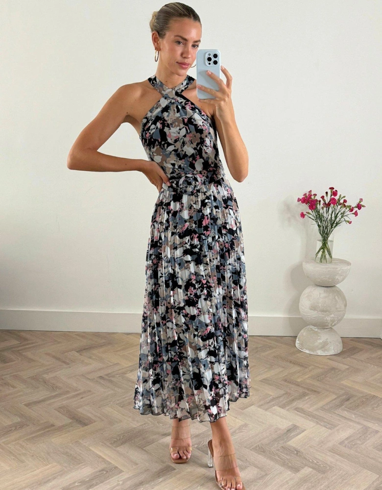 Floral Print Halter Neck Midi Dress - Multi