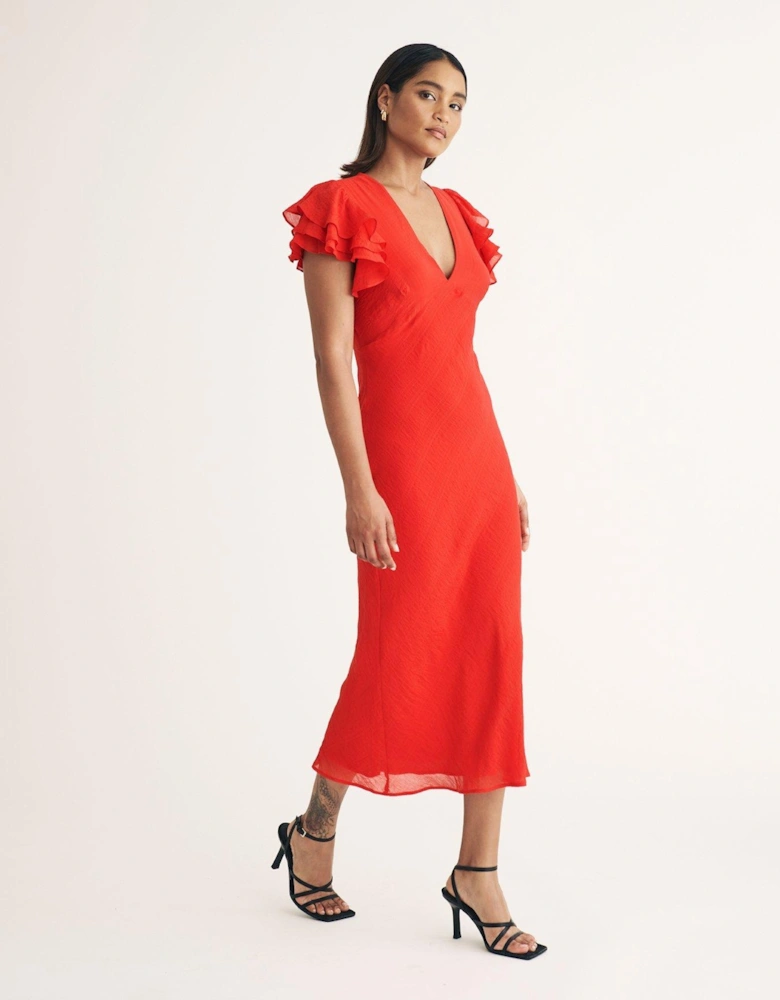 V Neck Frill Sleeve Midi Dress - Red