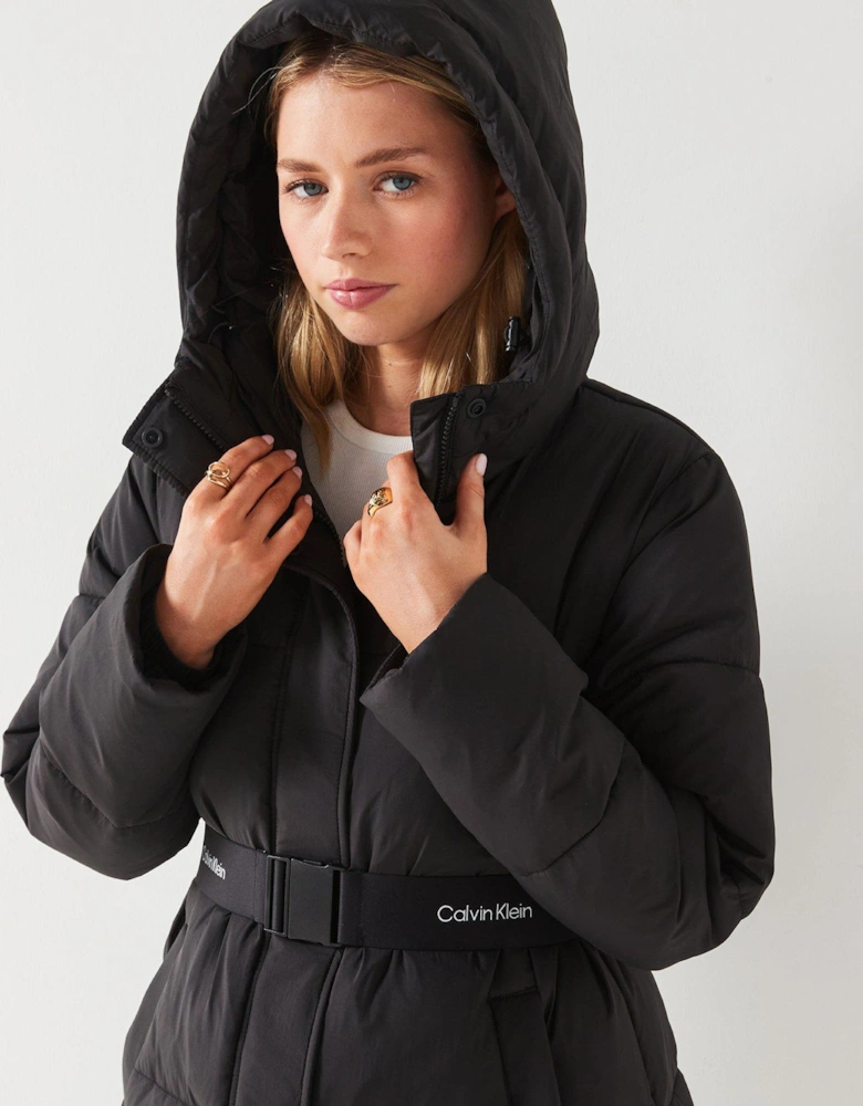 Belted Logo Longline Padded Jacket - Black