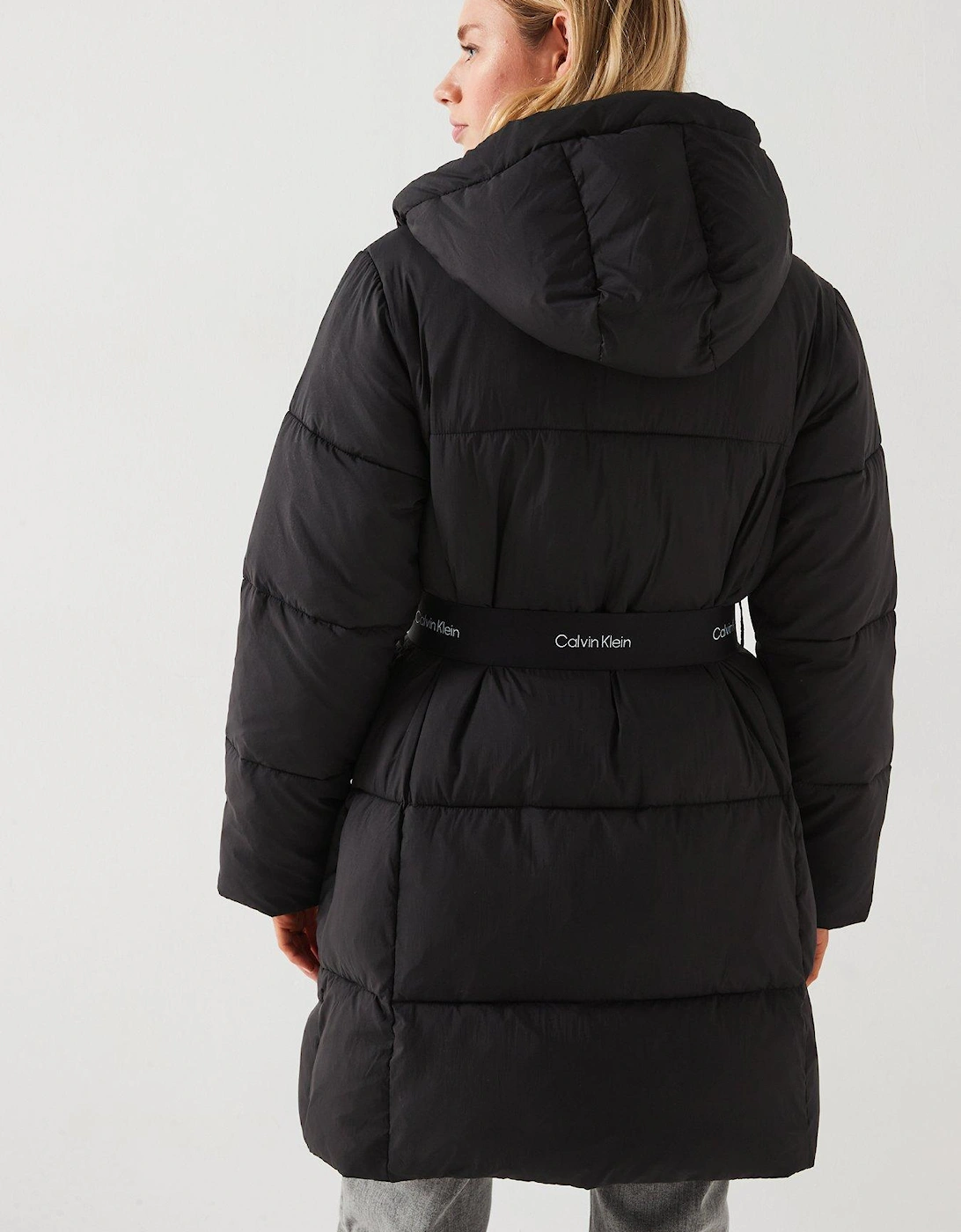 Belted Logo Longline Padded Jacket - Black