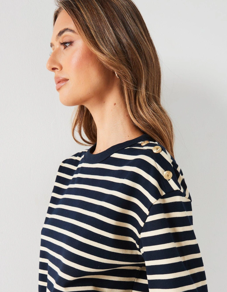 Button Detail Striped Top - Navy