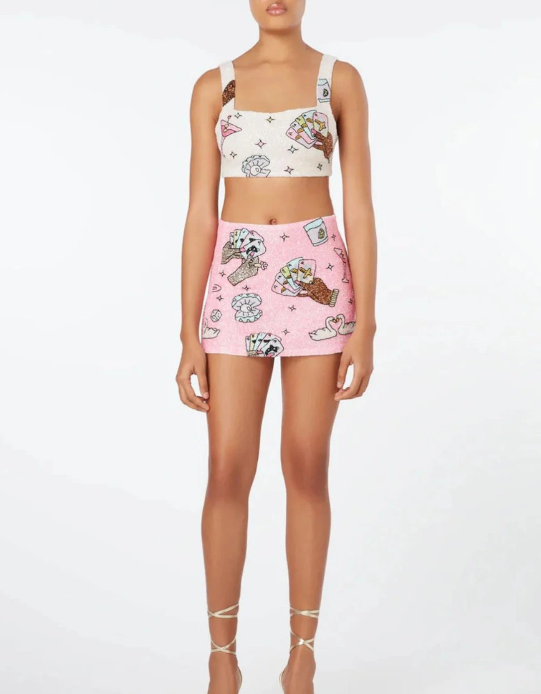 Vegas Beaded Pink Party Beach Co-ord Mini Skirt