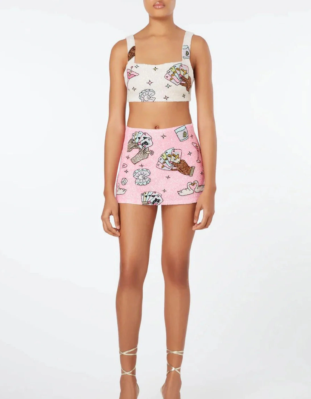 Vegas Beaded Pink Party Beach Co-ord Mini Skirt