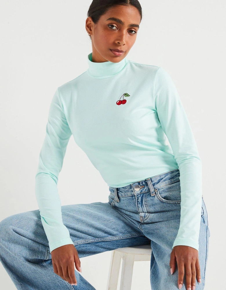 Cherry Long Sleeve Roll Neck Top - Green