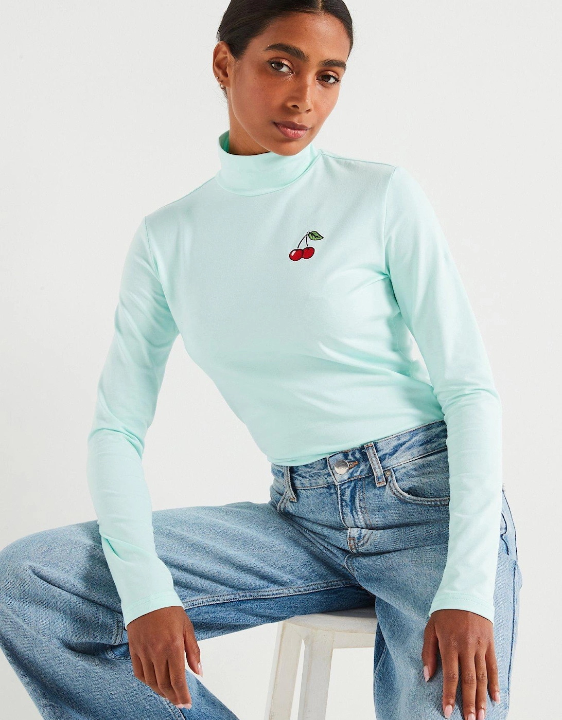 Cherry Long Sleeve Roll Neck Top - Green