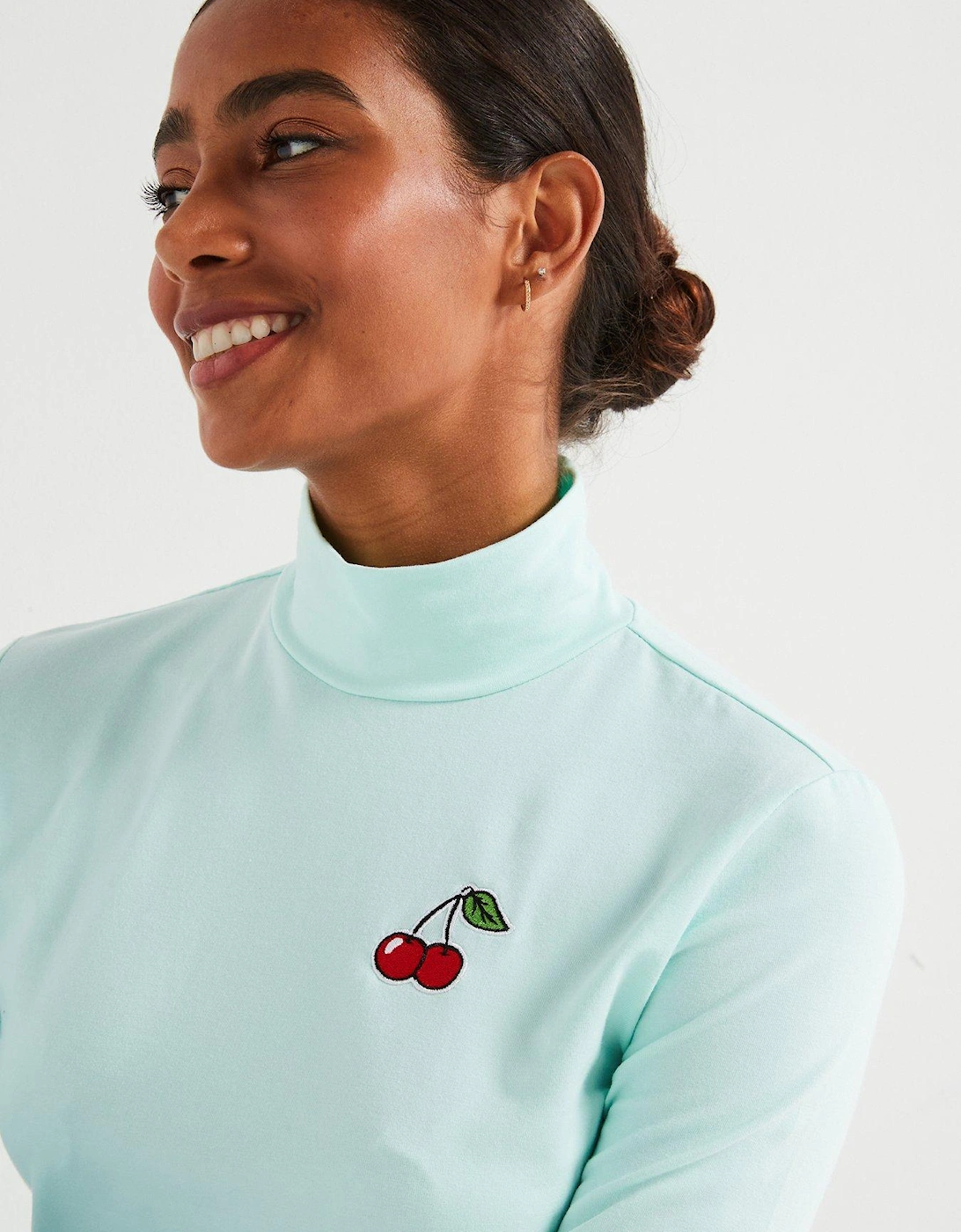 Cherry Long Sleeve Roll Neck Top - Green