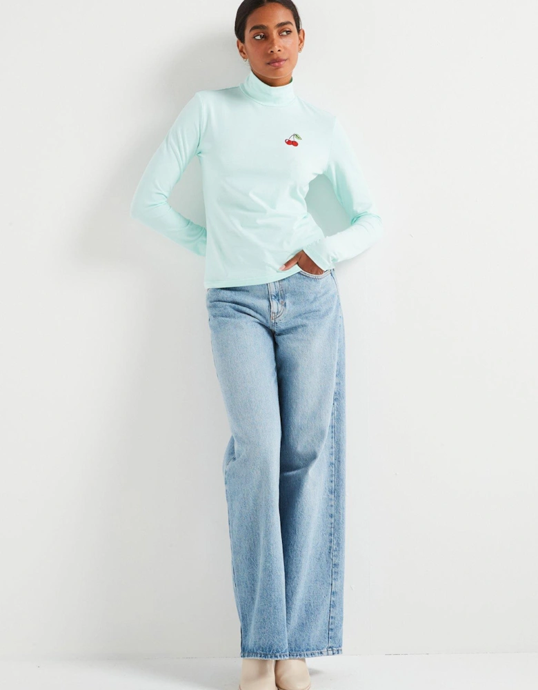 Cherry Long Sleeve Roll Neck Top - Green