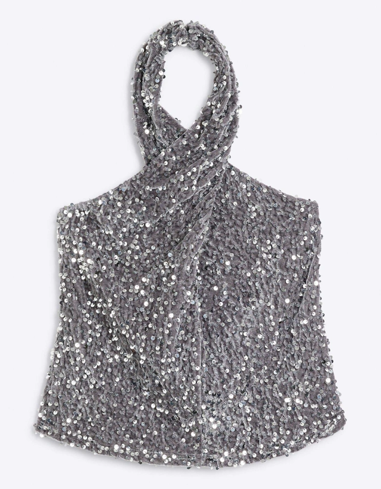 Velvet Sequin Halter Top - Grey