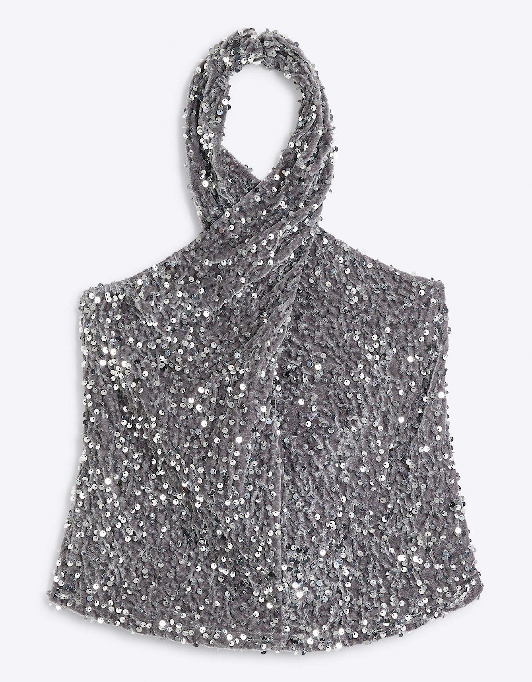 Velvet Sequin Halter Top - Grey