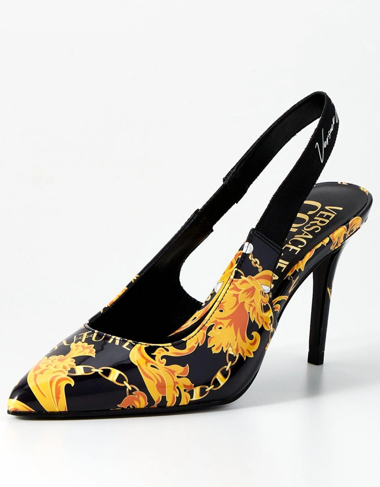 Baroque Print Slingback Heels - Black/Gold