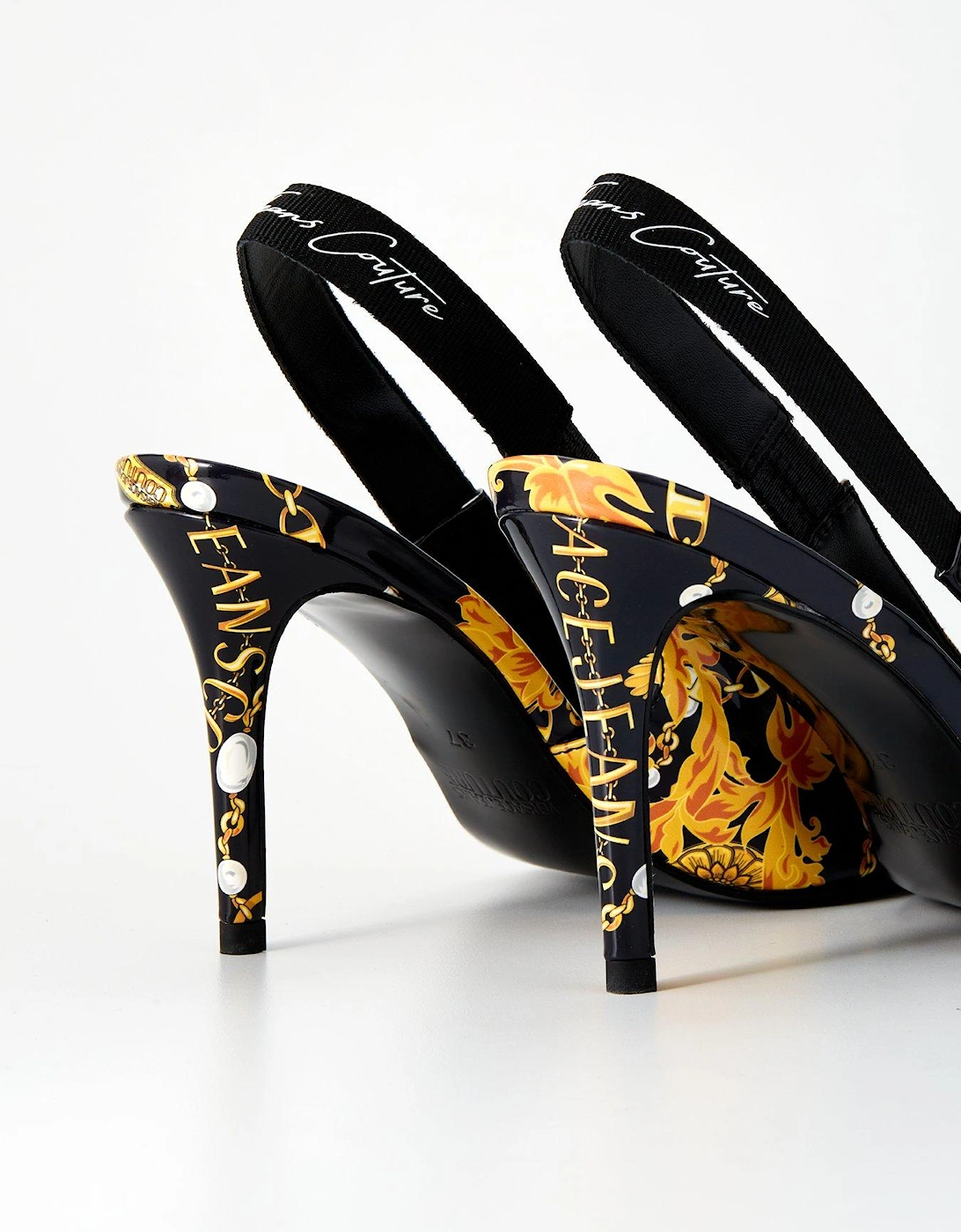 Baroque Print Slingback Heels - Black/Gold