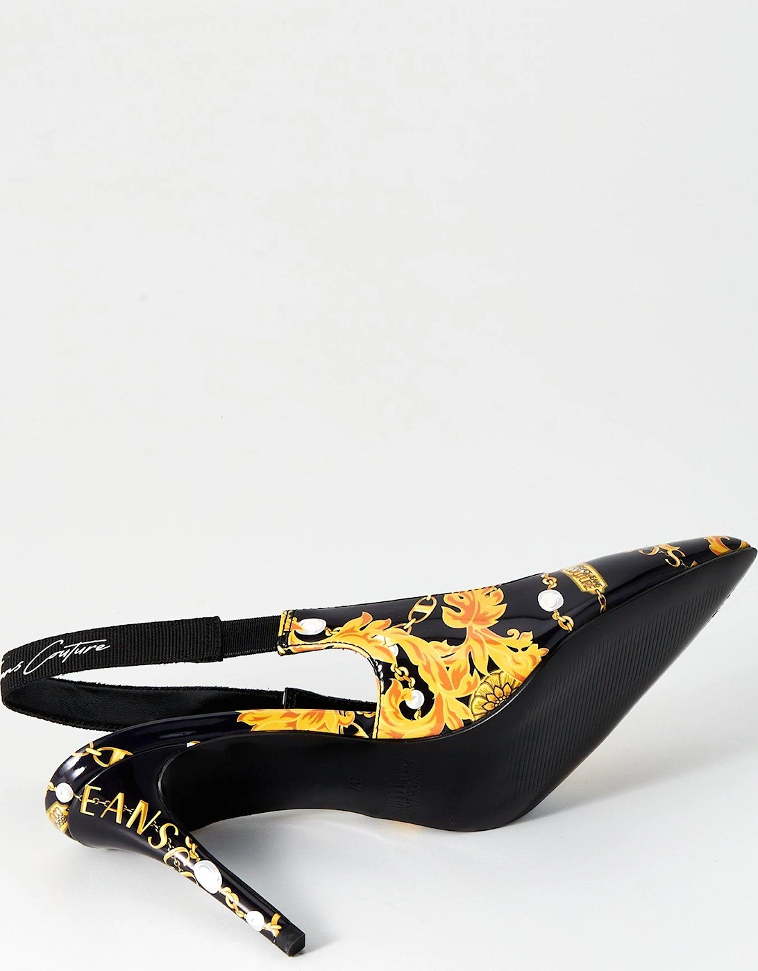 Baroque Print Slingback Heels - Black/Gold