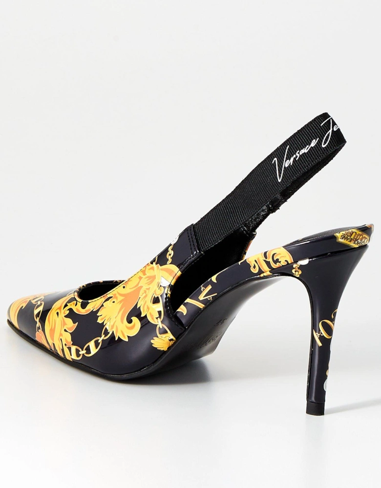 Baroque Print Slingback Heels - Black/Gold