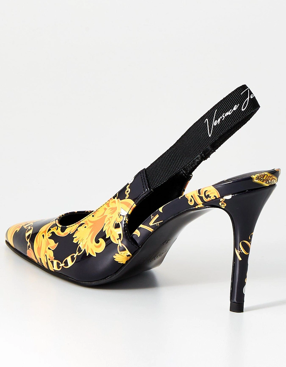 Baroque Print Slingback Heels - Black/Gold