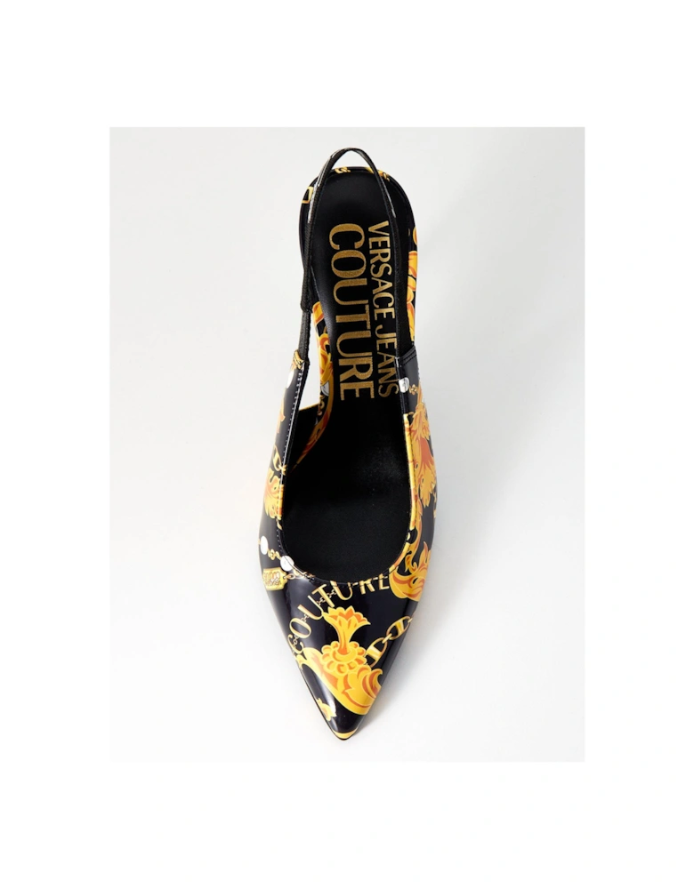 Baroque Print Slingback Heels - Black/Gold