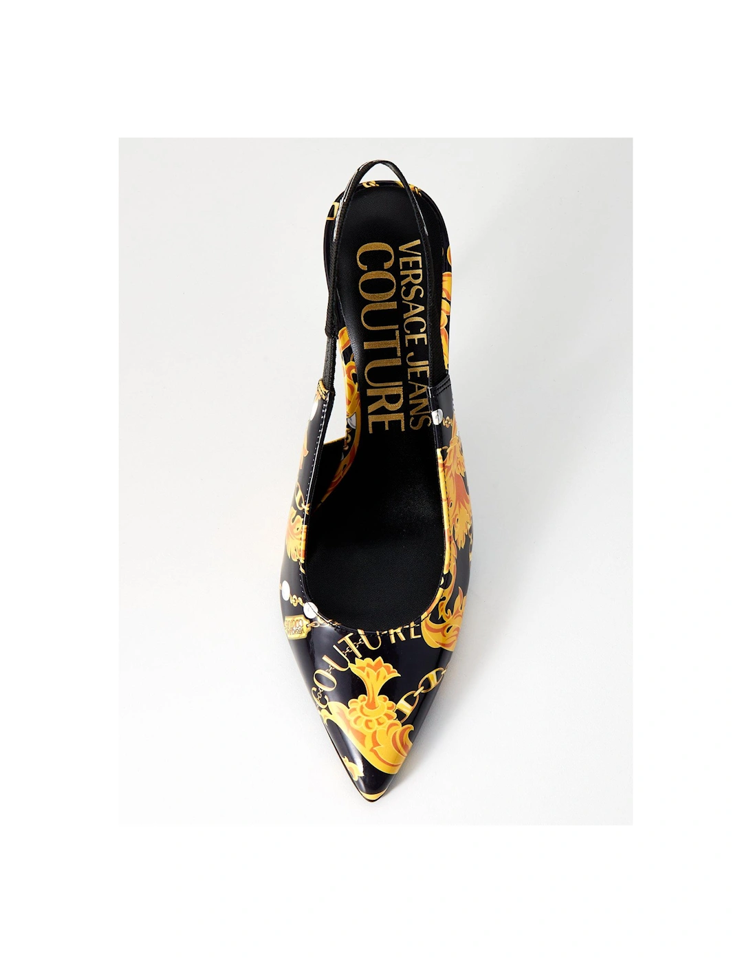 Baroque Print Slingback Heels - Black/Gold