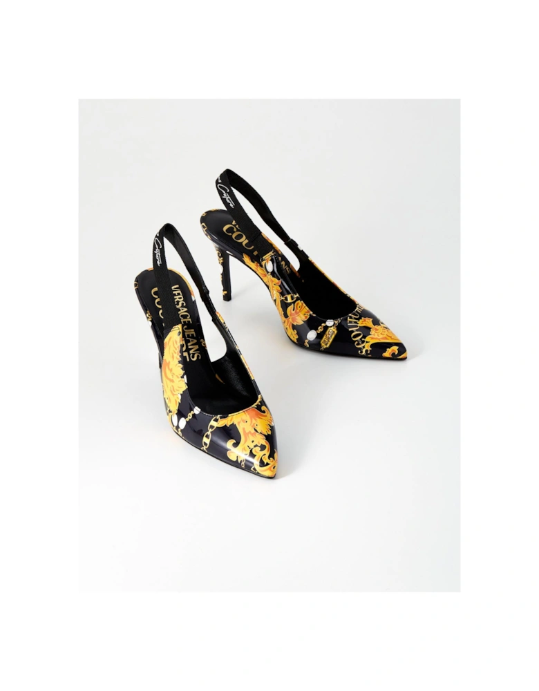 Baroque Print Slingback Heels - Black/Gold