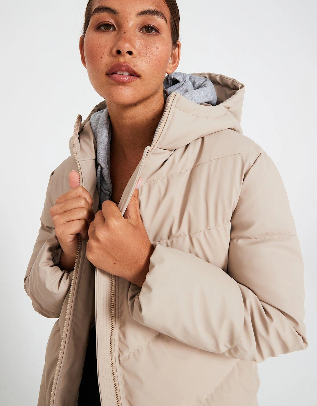 Padded Longline Coat - Beige