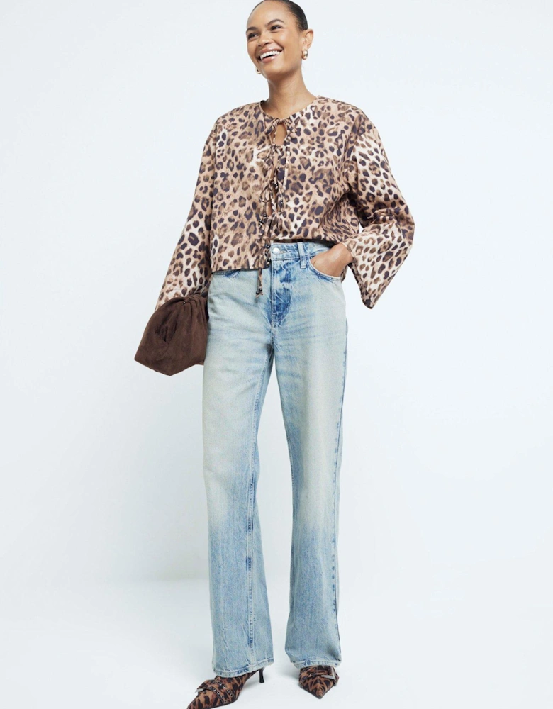 Leopard Poplin Tie Front Top - Brown