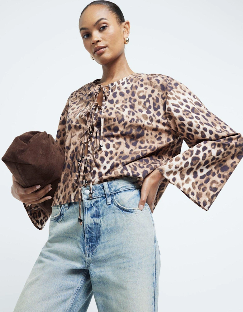 Leopard Poplin Tie Front Top - Brown