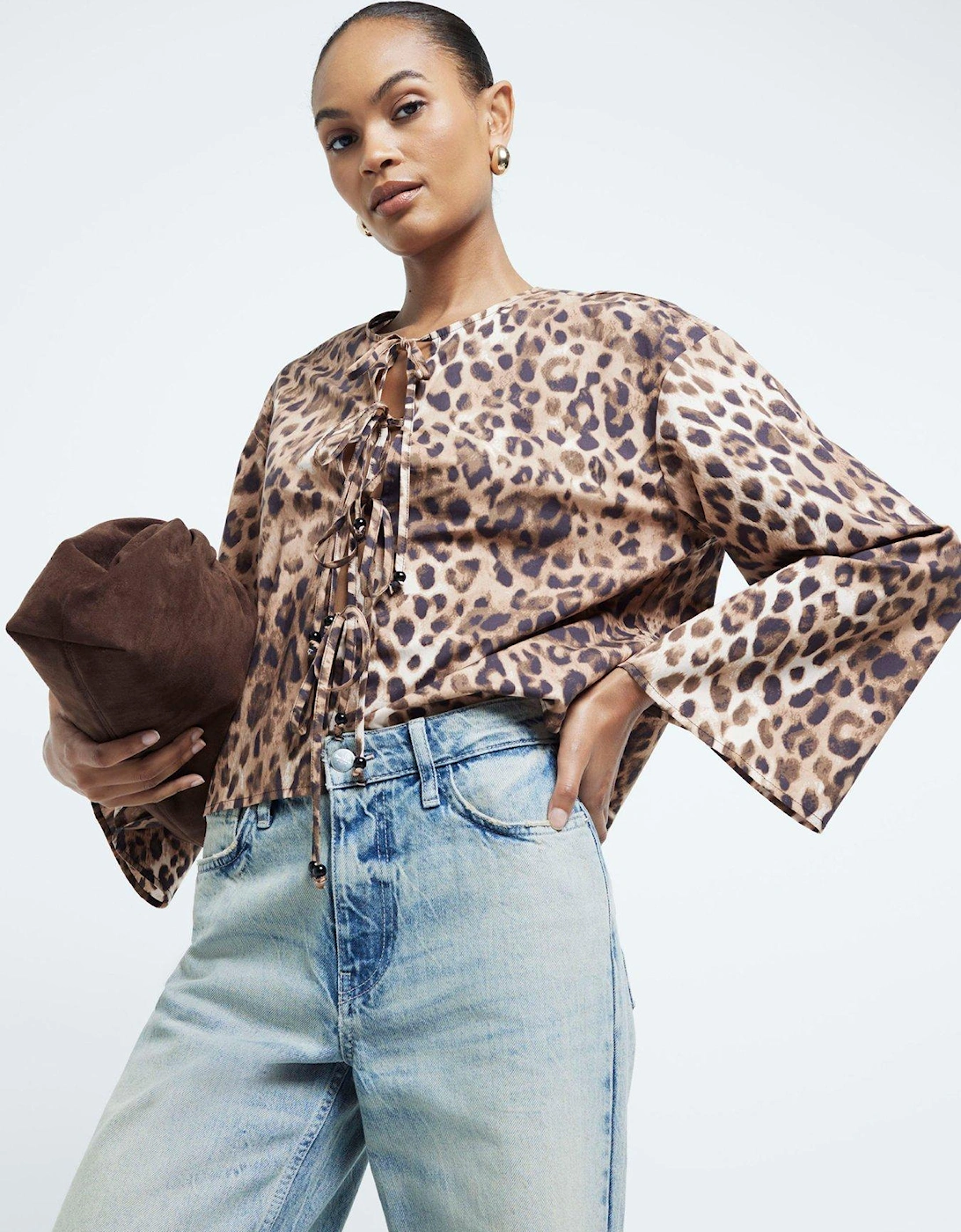 Leopard Poplin Tie Front Top - Brown