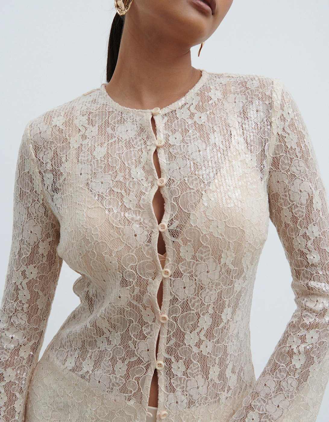 Tai Sequin Lace Cardigan - Beige