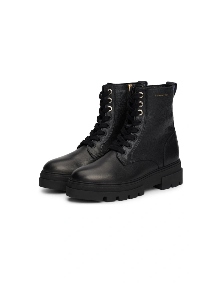 Lace Up Leather Biker Boots - Black