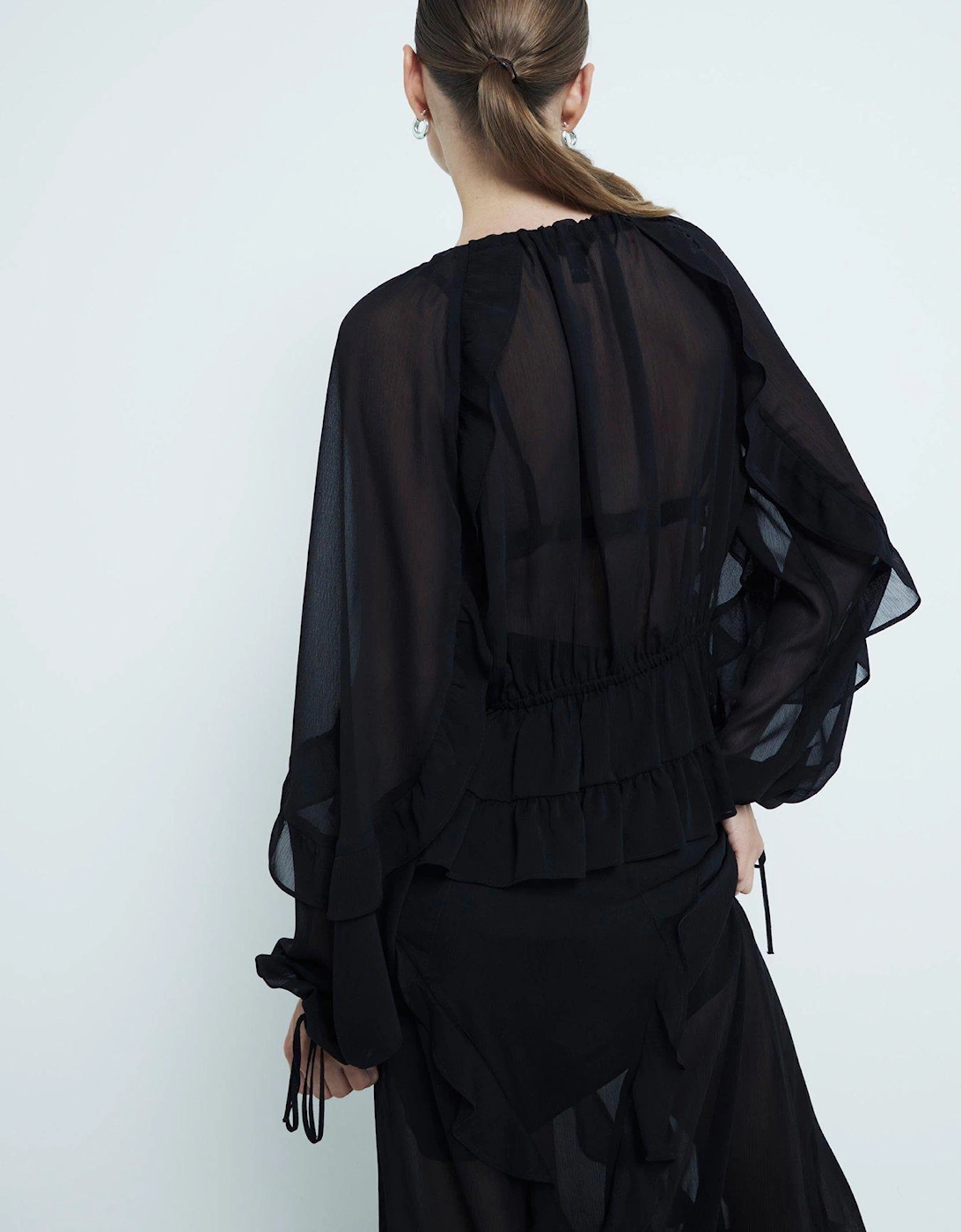 Chiffon Ruffle Tie Detail Blouse - Black