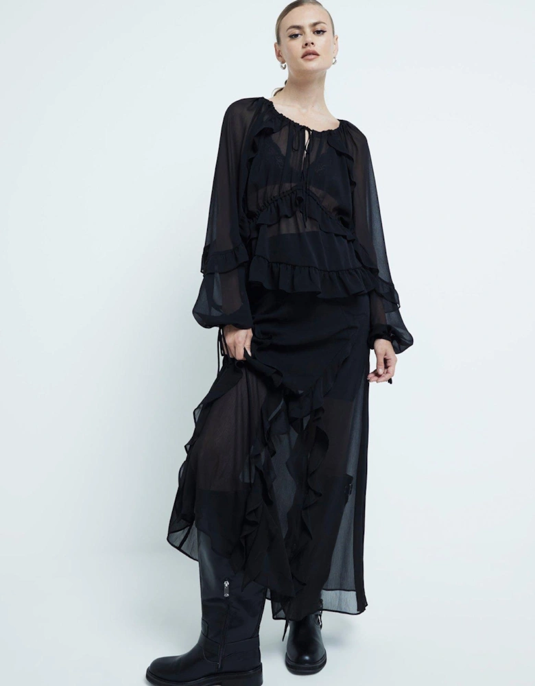 Chiffon Ruffle Tie Detail Blouse - Black