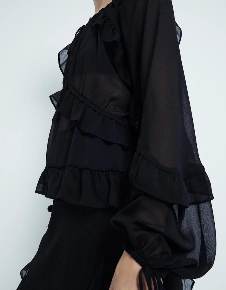 Chiffon Ruffle Tie Detail Blouse - Black