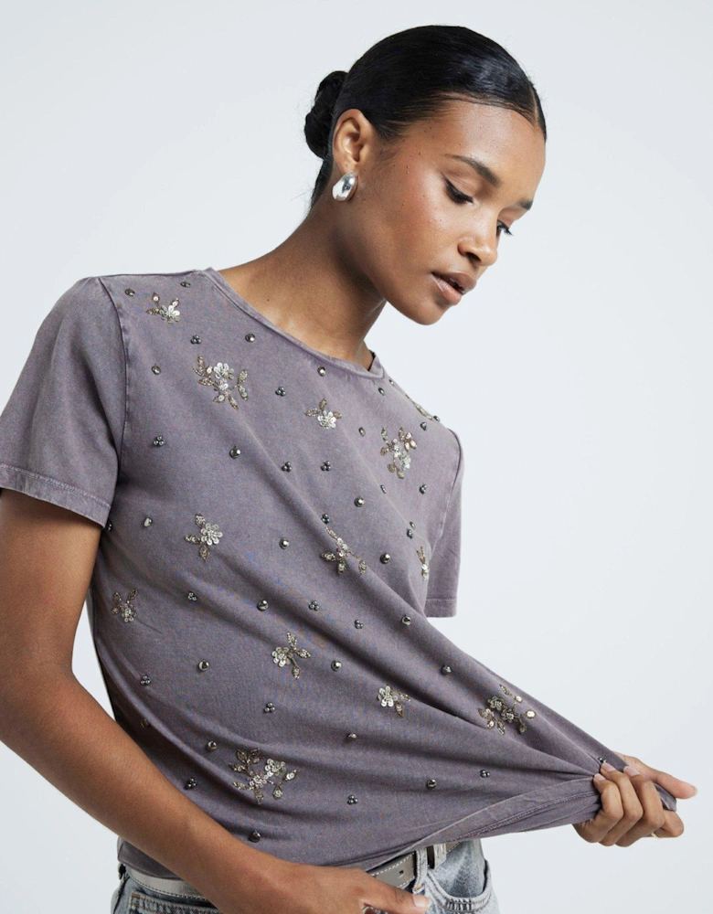 Embellished Beaded Washed Tee - Dark Grey