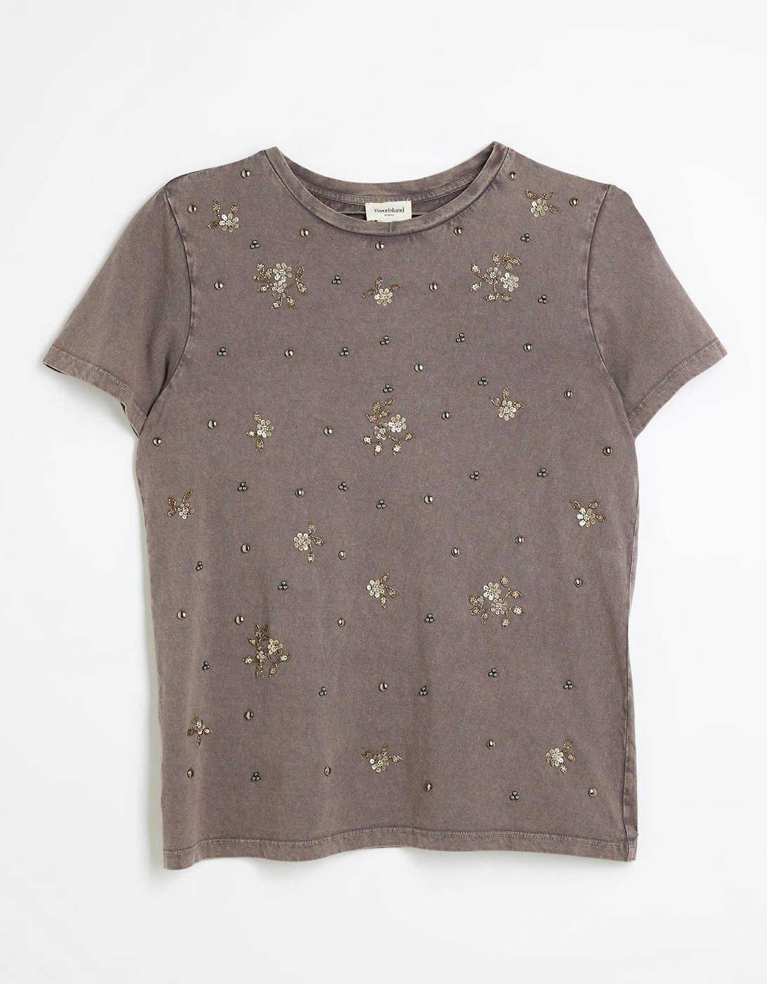 Embellished Beaded Washed Tee - Dark Grey